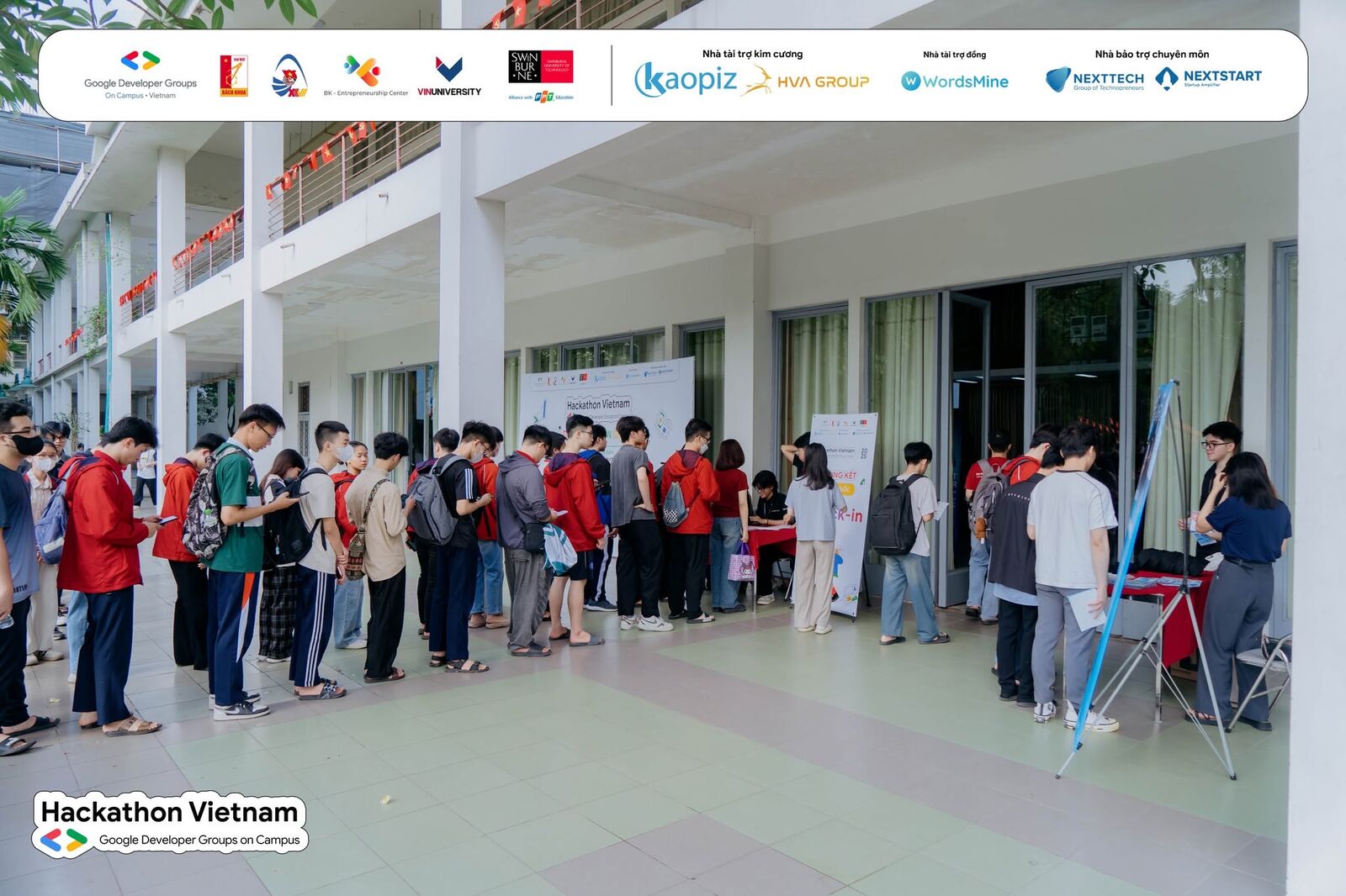 The check-in queue outside the venue on hackathon demo day